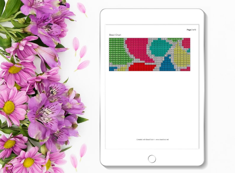 May include: A digital bead chart with a colorful abstract design. The chart is on a tablet screen and shows a pattern of red, green, blue, yellow, and pink beads. The text "Bead Chart" is at the top of the chart. The text "Page 1 of 2" is at the top right corner of the chart. The text "Created with BeadTool 4 - www.beadtool.net" is at the bottom of the chart.