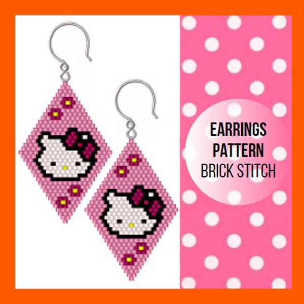 White kitty brick stitch earring pattern, Little kitten, Seed bead earring pattern, Cute fluffy cat, Funny pussy, Easy beadwork, PDF digital