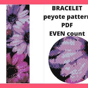 Könnte beinhalten: Ein digitaler Download-Muster für ein Peyote-Stich-Armband mit einem floralen Design in lila, rosa und schwarzen Perlen. Das Muster ist für ein Armband mit gerader Anzahl. Der Text "BRACELET peyote pattern PDF EVEN count" ist im Bild sichtbar.
