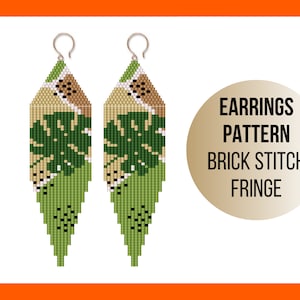 May include: A pair of green, brown, and white beaded earrings with a leaf design. The earrings are made with brick stitch and have a fringe. The text "EARRINGS PATTERN BRICK STITCH FRINGE" is on a gold circle.