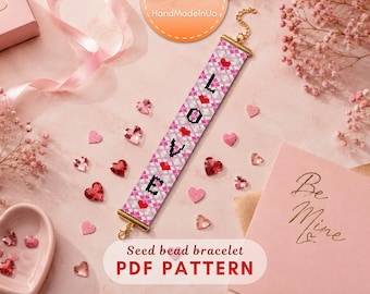 May include: A seed bead bracelet featuring a pink and white checkered pattern with the word LOVE spelled out in black letters and small red hearts. The bracelet has gold-toned metal end caps and a lobster clasp closure with an extender chain.