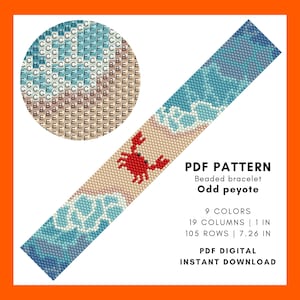 Odd count peyote beading bracelet pattern Crab Ocean waves Summer sandy shore Beach DIY Bookmark Miyuki Delica seed bead PDF digital 039