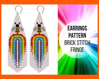 Rainbow bee beaded earring pattern, Seed bead earring pattern, Brick stitch with fringe, Insect earrings, Bead weaving, pdf digital 414