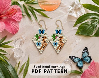 May include: A pair of diamond-shaped seed bead earrings featuring a pixelated design of a brown meerkat, a green hummingbird, and blue butterflies on a white background, suspended from gold-toned metal ear wires. The text reads Seed bead earrings PDF PATTERN.