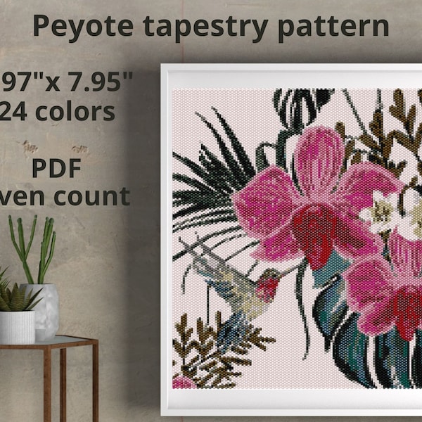 Motif de tapisserie peyotl colibri, motif peyotl orchidée, motif même peyotl, motif Miyuki Delica, tapisserie décor à la maison, motif PDF