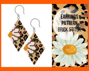 Cheetah daisy flower brick stitch earring pattern, Seed bead earring pattern, Animal print, Miyuki Delica, Wild cat, PDF digital, 364