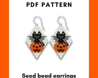 Halloween black cat brick stitch earring pattern, Halloween bat, brick stitch pumpkin, Seed bead, Miyuki Delica, Spooky cat, digital 494