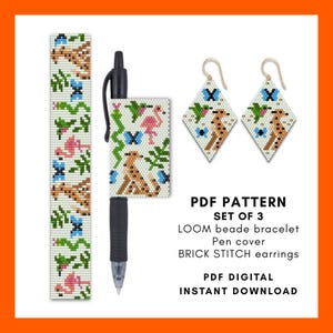 Beading Patterns bundle PDF Jungle Animals Bracelet Pen Wrap Earring Miyuki Seed bead Leopard Flamingo Hummingbird Snake Butterfly Gift 067