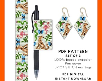 Beading Patterns bundle PDF Jungle Animals Bracelet Pen Wrap Earring Miyuki Seed bead Leopard Flamingo Hummingbird Snake Butterfly Gift 067