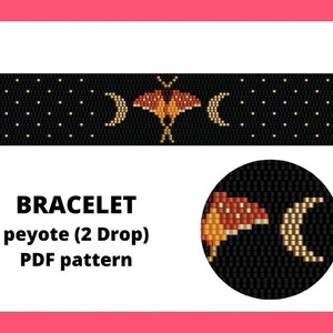 May include: A beaded bracelet pattern featuring a butterfly and crescent moon design. The pattern is for peyote stitch with a 2 drop technique. The text "BRACELET peyote (2 Drop) PDF pattern" is included in the image.