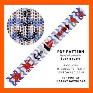 Nautical Even count peyote beaded bracelet pattern Blue sea geometric Beading Starfish Fish Crab  Anchor Sailboat Delica, pdf digital 099