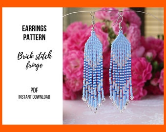 Sky blue Seed bead earring pattern, Brick stitch fringe, Mothers day, Beadweaving beginner, Template easy, Delica pattern pdf digital 376