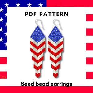 May include: Two seed bead earrings with a patriotic design. The earrings feature a blue top with white dots, red and white stripes, and silver hooks. The text "PDF PATTERN" and "Seed bead earrings" are also visible.