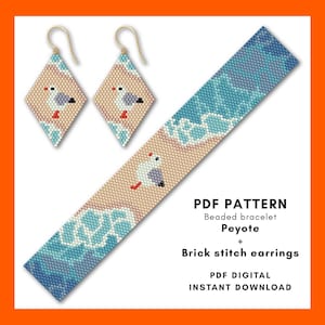 Brick stitch earring and Even peyote bracelet pattern, Beading Ocean waves Summer Beach seagull bird DIY Delica seed bead PDF digital 045