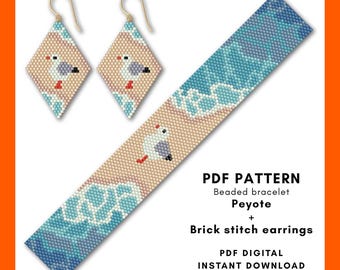 Brick stitch earring and Even peyote bracelet pattern, Beading Ocean waves Summer Beach seagull bird DIY Delica seed bead PDF digital 045