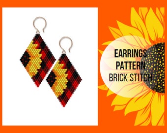 Sunflower brick stitch earring pattern, Seed bead flower, Rhombus shape, Bead weaving, Buffalo plaid floral, Happy easter, PDF digital 373