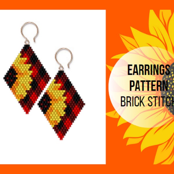 Sunflower brick stitch earring pattern, Seed bead flower, Rhombus shape, Bead weaving, Buffalo plaid floral, Happy easter, PDF digital 373