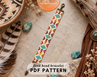 May include: A seed bead bracelet featuring a geometric pattern in white, turquoise, orange, yellow, and dark red. The bracelet has a bronze-toned metal clasp at one end and a small leaf-shaped charm at the other. The text reads Seed bead bracelet PDF PATTERN.