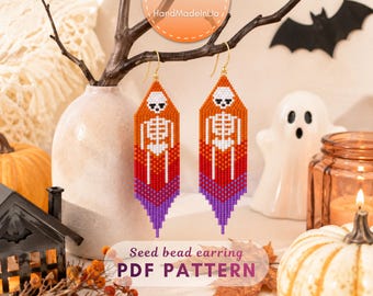 Skeleton Skull brick stitch fringe earring pattern, Halloween design, Seed bead delica, DIY scary jewelry,  Grown up beading PDF digital 291