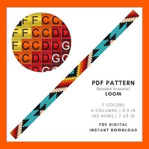 Puede incluir: Un patrón PDF digital para un telar de pulsera de cuentas. El diseño presenta un colorido patrón geométrico en turquesa, rojo, amarillo y crema. El patrón incluye 7 colores, 6 columnas y mide 0,8 cm de ancho y 18,3 cm de largo.