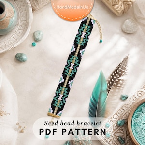 May include: A seed bead bracelet PDF pattern featuring a geometric design in black, teal, white, and gold. The bracelet has a repeating pattern of vertical lines and chevron shapes, finished with a gold-toned metal clasp and an adjustable chain.