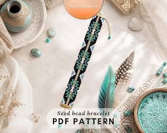 May include: A seed bead bracelet PDF pattern featuring a geometric design in black, teal, white, and gold. The bracelet has a repeating pattern of vertical lines and chevron shapes, finished with a gold-toned metal clasp and an adjustable chain.