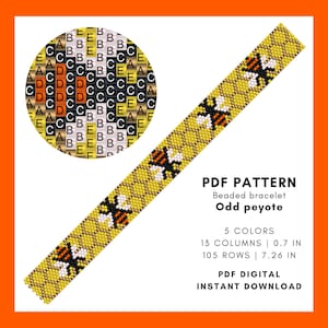 May include: A digital PDF pattern for a beaded bracelet in the odd peyote stitch. The design features a yellow honeycomb pattern with black and white bees. The bracelet is 1.8 cm wide and 18.4 cm long. The pattern includes 5 colours.