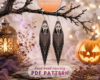 Halloween Ghost Mask Seed Bead Fringe Earrings PDF Pattern, Horror Inspired Brick Stitch Beading Pattern, DIY scary jewelry, digital 292