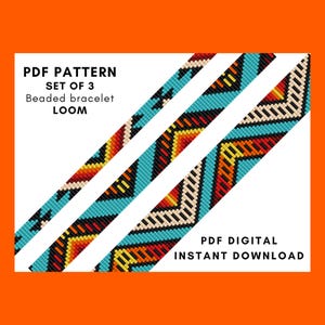 May include: An orange background with three diagonal beaded bracelet loom patterns. The patterns feature turquoise, red, yellow, and cream colors. Text reads "PDF PATTERN SET OF 3 Beaded bracelet LOOM" and "PDF DIGITAL INSTANT DOWNLOAD."