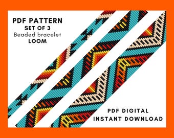 May include: An orange background with three diagonal beaded bracelet loom patterns. The patterns feature turquoise, red, yellow, and cream colors. Text reads "PDF PATTERN SET OF 3 Beaded bracelet LOOM" and "PDF DIGITAL INSTANT DOWNLOAD."