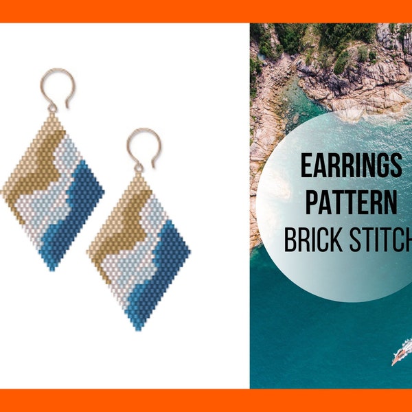 Sea wave beach brick stitch earring pattern, Seed bead delica,  Nautical nature, Miyuki Delica, Island, Pacific ocean, digital