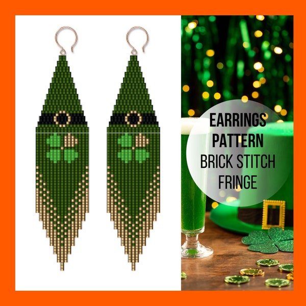 Lucky clover leaf Seed bead earring pattern, St. Patrick day, Brick stitch pattern, Green fringe, Bead weaving for beginners, PDF digital