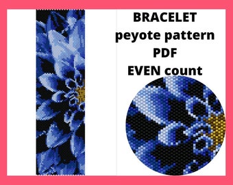 Dahlia peyote pattern, Even peyote pattern, Blue flower peyote pattern, Peyote bracelet pattern, Peyote stitch pattern, pdf instant download