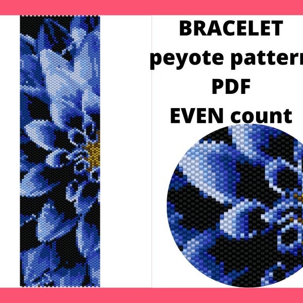 Dahlia peyote pattern, Even peyote pattern, Blue flower peyote pattern, Peyote bracelet pattern, Peyote stitch pattern, pdf instant download