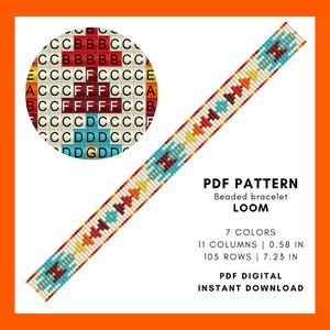 May include: A digital PDF pattern for a beaded bracelet loom. The design features a geometric pattern in turquoise, red, yellow, and white. The text on the image says "PDF PATTERN Beaded bracelet LOOM". The bracelet is 1.47 cm wide and 18.36 cm long.