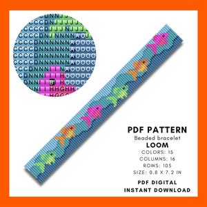 Pulsera de cuentas con patrón de telar de cuentas de peces tropicales, tejido de cuentas, diseño submarino, verano, neón, colores brillantes, Miyuki Delica, descarga en PDF 065