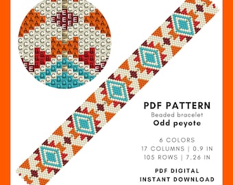 May include: A digital PDF pattern for a beaded bracelet in an odd peyote stitch. The design features geometric patterns in turquoise, orange, red, and cream colors. The pattern includes 6 colors, 17 columns, and measures 0.9 inches wide and 7.26 inches long.