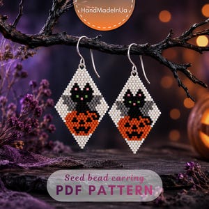 Black cat bat pumpkin brick stitch earring pattern, Halloween design, Seed bead, Fall beading, DIY spooky jewelry Jack O Lantern digital 494