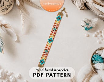 May include: A seed bead bracelet featuring a geometric pattern in turquoise, red, orange, and yellow. The bracelet includes a bronze-toned metal clasp and an adjustable chain. The text "Seed bead bracelet PDF PATTERN" is visible at the bottom.