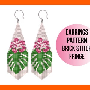 May include: A pair of beaded earrings with a pink flower and green leaf design. The earrings are made with brick stitch and have a fringe. The text "EARRINGS PATTERN BRICK STITCH FRINGE" is on a pink circle.
