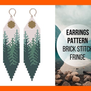 Peut inclure: Une paire de boucles d'oreilles en perles avec une scène de forêt et un motif de soleil. Les boucles d'oreilles sont réalisées en point de brique et en frange. Le modèle est pour des boucles d'oreilles en frange en point de brique.