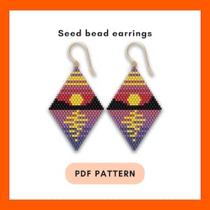 Sunset Mountain river brick stitch earring pattern, Sun nature, Seed bead rhomb, Landscape evening, Miyuki Delica, Beadwork, digital 070