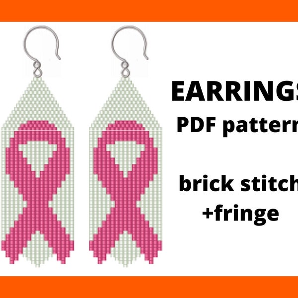 Breast cancer awareness pattern, Brick stitch earring pattern, Seed bead pink ribbon, Fringe earring pattern, PDF digital download