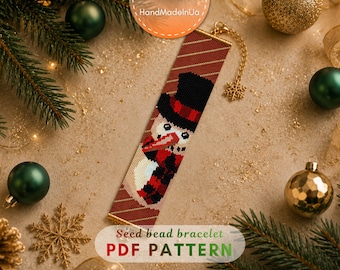 May include: A rectangular seed bead bracelet featuring a snowman graphic with a black top hat and a red and black plaid scarf. The background of the beadwork has diagonal brown stripes. A gold-toned chain with a snowflake charm is attached.