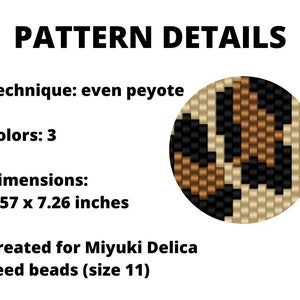 May include: Beading pattern for a round design using even peyote stitch. The pattern uses three colors and is 1.57 inches by 7.26 inches. It is designed for Miyuki Delica seed beads, size 11.