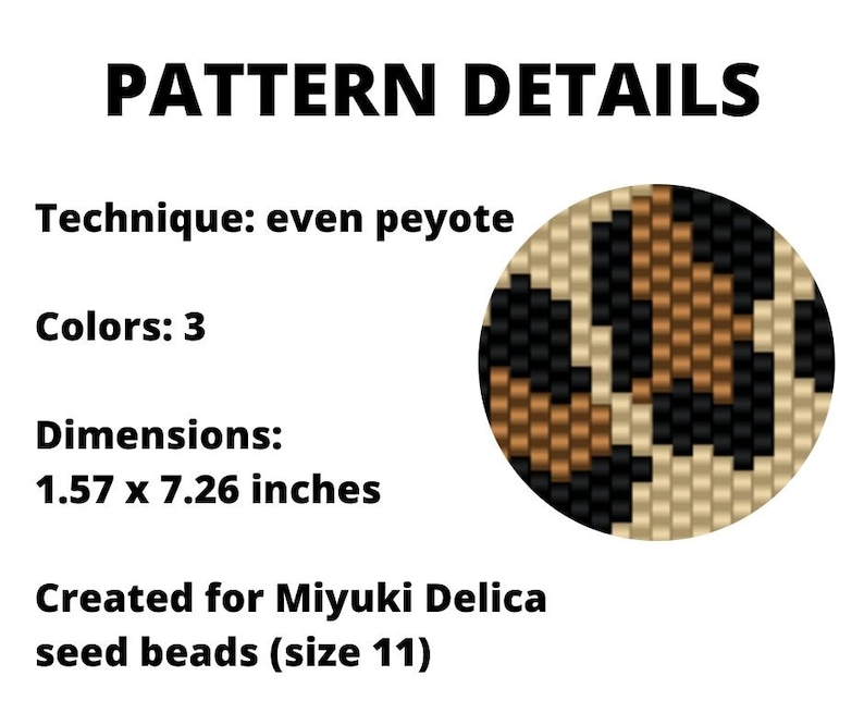 May include: Beading pattern for a round design using even peyote stitch. The pattern uses three colors and is 1.57 inches by 7.26 inches. It is designed for Miyuki Delica seed beads, size 11.