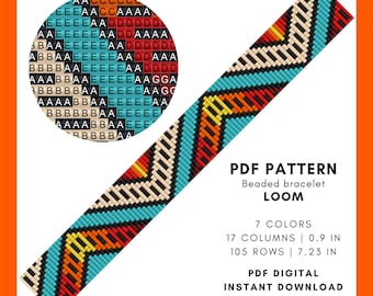 May include: A colorful beaded bracelet loom pattern with a geometric design in turquoise, red, yellow, and cream. The pattern includes the text "PDF PATTERN Beaded bracelet LOOM" and measurements of 0.9 inches wide and 7.23 inches long.
