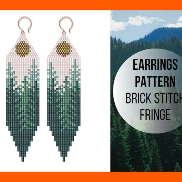 Forest sun brick stitch fringe earring pattern, Landscape nature, Seed bead pattern, Miyuki Delica, Beading, Beadwork, pdf digital