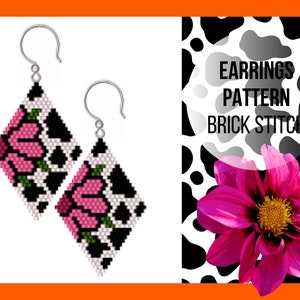 Hot pink flower brick stitch earring pattern, Cow print, Miyuki Delica seed bead pattern, Bead weaving for beginners, PDF digital, 363