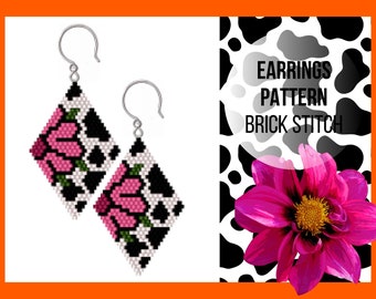 Hot pink flower brick stitch earring pattern, Cow print, Miyuki Delica seed bead pattern, Bead weaving for beginners, PDF digital, 363